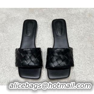 Popular Style Bottega Veneta Parco Square Flat Slides Sandals in Soft Intrecciato Leather Black 0604010