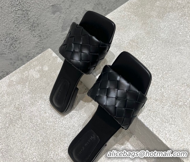 Popular Style Bottega Veneta Parco Square Flat Slides Sandals in Soft Intrecciato Leather Black 0604010