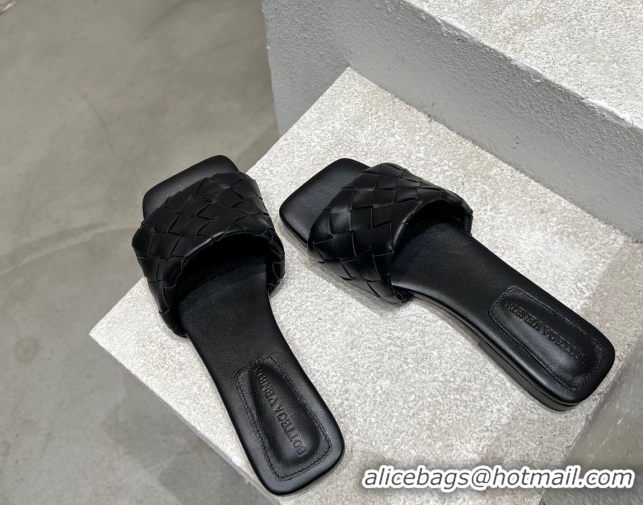 Popular Style Bottega Veneta Parco Square Flat Slides Sandals in Soft Intrecciato Leather Black 0604010