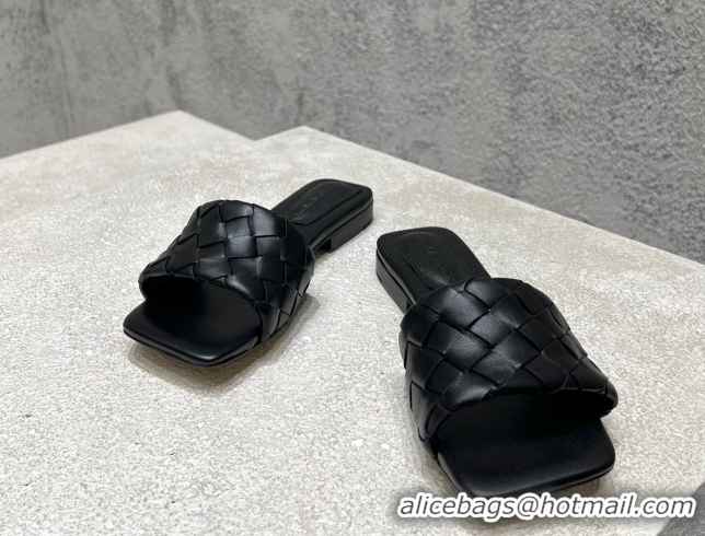 Popular Style Bottega Veneta Parco Square Flat Slides Sandals in Soft Intrecciato Leather Black 0604010
