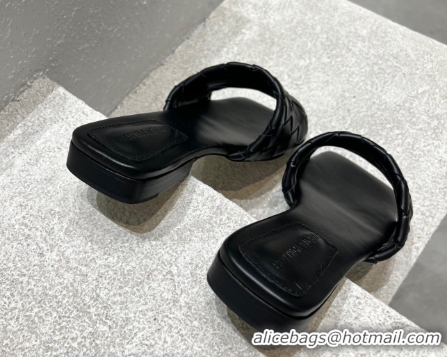 Popular Style Bottega Veneta Parco Square Flat Slides Sandals in Soft Intrecciato Leather Black 0604010