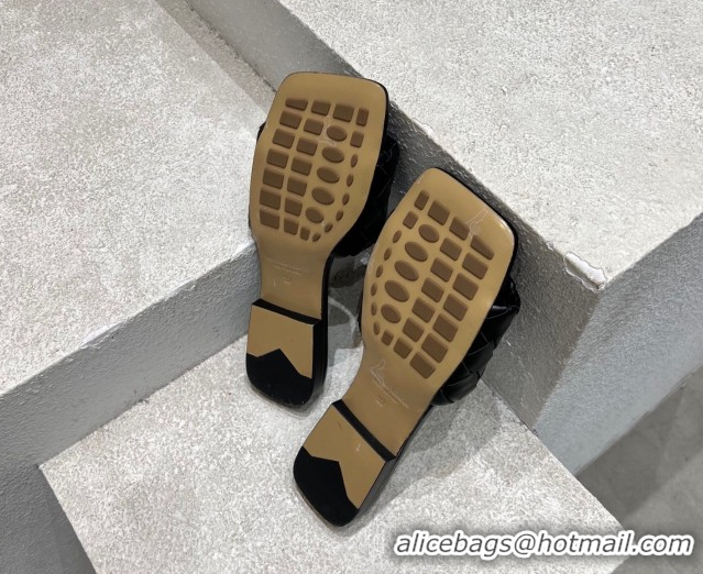 Popular Style Bottega Veneta Parco Square Flat Slides Sandals in Soft Intrecciato Leather Black 0604010