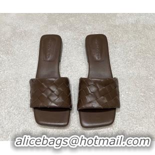Buy Luxury Bottega Veneta Parco Square Flat Slides Sandals in Soft Intrecciato Leather Chocolate 0604011