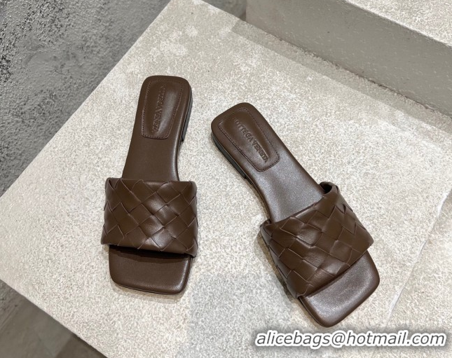 Buy Luxury Bottega Veneta Parco Square Flat Slides Sandals in Soft Intrecciato Leather Chocolate 0604011