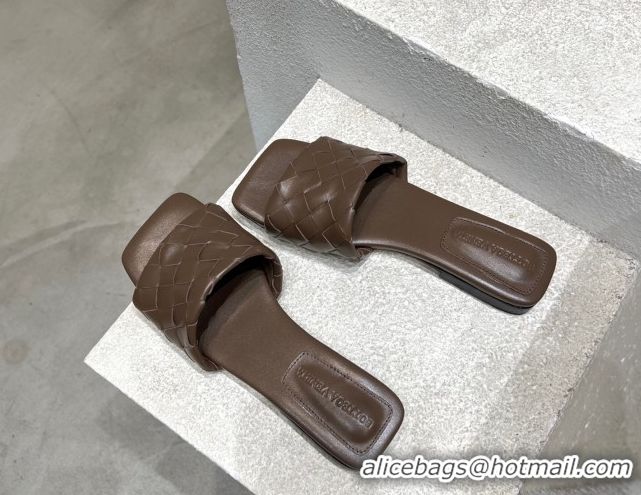 Buy Luxury Bottega Veneta Parco Square Flat Slides Sandals in Soft Intrecciato Leather Chocolate 0604011
