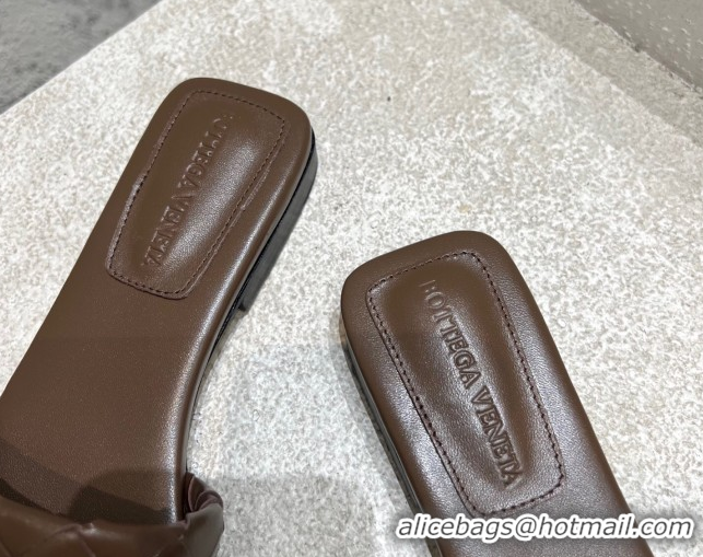 Buy Luxury Bottega Veneta Parco Square Flat Slides Sandals in Soft Intrecciato Leather Chocolate 0604011