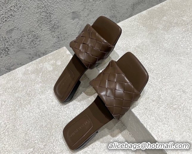 Buy Luxury Bottega Veneta Parco Square Flat Slides Sandals in Soft Intrecciato Leather Chocolate 0604011