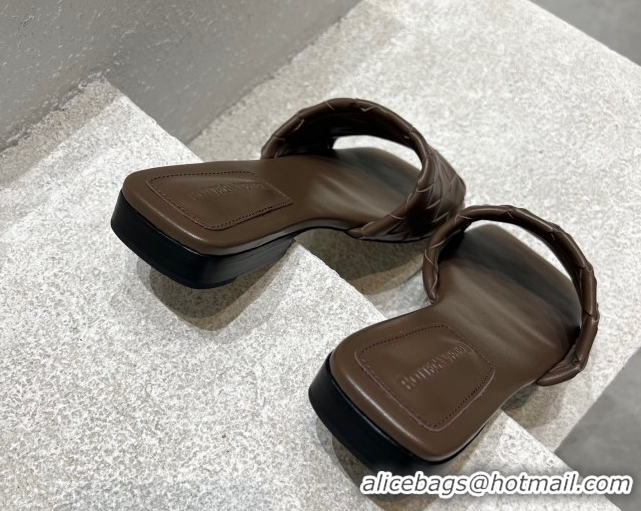 Buy Luxury Bottega Veneta Parco Square Flat Slides Sandals in Soft Intrecciato Leather Chocolate 0604011