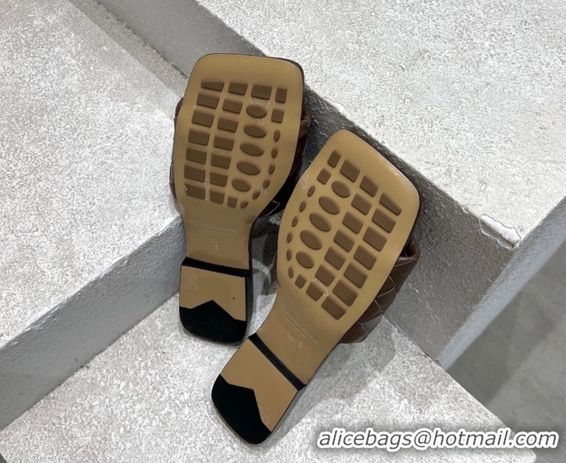 Buy Luxury Bottega Veneta Parco Square Flat Slides Sandals in Soft Intrecciato Leather Chocolate 0604011