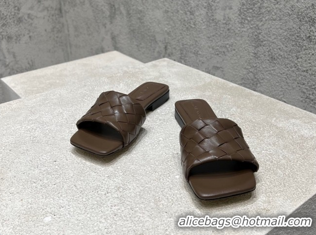 Buy Luxury Bottega Veneta Parco Square Flat Slides Sandals in Soft Intrecciato Leather Chocolate 0604011