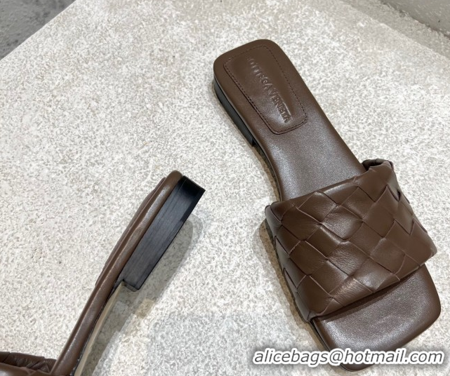 Buy Luxury Bottega Veneta Parco Square Flat Slides Sandals in Soft Intrecciato Leather Chocolate 0604011