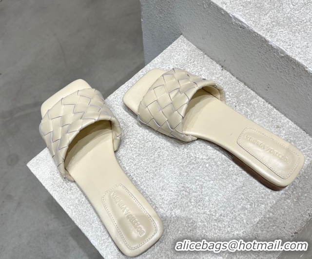 Top Design Bottega Veneta Parco Square Flat Slides Sandals in Soft Intrecciato Leather White 0604012