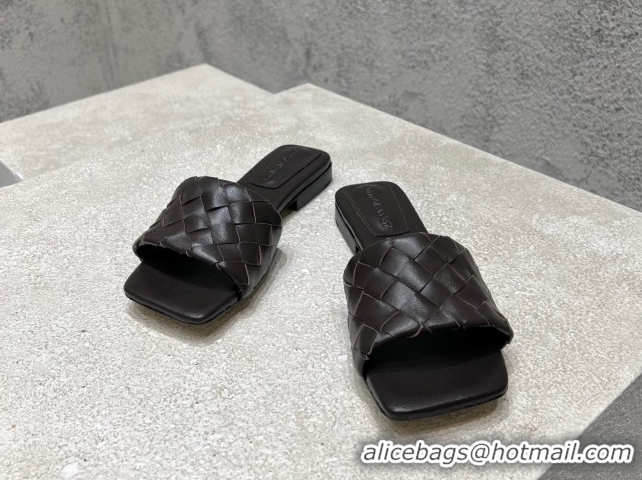 Top Design Bottega Veneta Parco Square Flat Slides Sandals in Soft Intrecciato Leather Fondant Brown 0604013