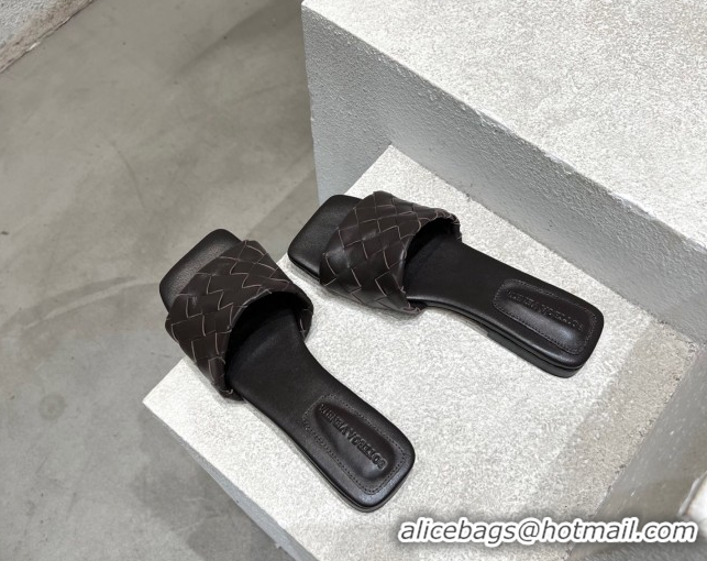 Top Design Bottega Veneta Parco Square Flat Slides Sandals in Soft Intrecciato Leather Fondant Brown 0604013