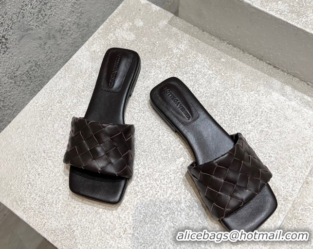 Top Design Bottega Veneta Parco Square Flat Slides Sandals in Soft Intrecciato Leather Fondant Brown 0604013