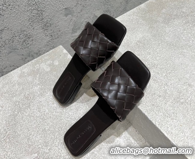 Top Design Bottega Veneta Parco Square Flat Slides Sandals in Soft Intrecciato Leather Fondant Brown 0604013