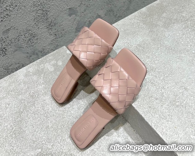 Popular Style Bottega Veneta Parco Square Flat Slides Sandals in Soft Intrecciato Leather Light Pink 0604014