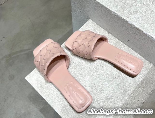 Popular Style Bottega Veneta Parco Square Flat Slides Sandals in Soft Intrecciato Leather Light Pink 0604014