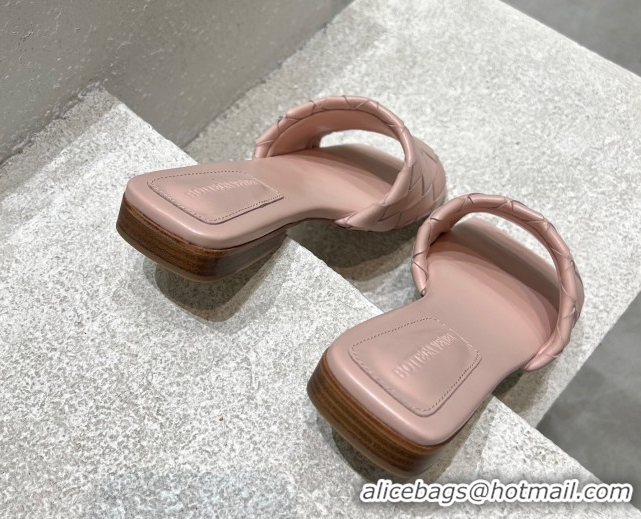 Popular Style Bottega Veneta Parco Square Flat Slides Sandals in Soft Intrecciato Leather Light Pink 0604014
