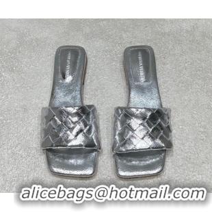 Shop Duplicate Bottega Veneta Parco Square Flat Slides Sandals in Soft Intrecciato Leather Silver 0604015