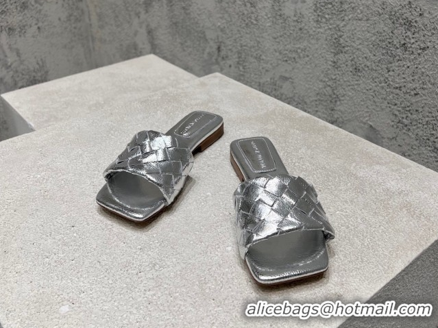 Shop Duplicate Bottega Veneta Parco Square Flat Slides Sandals in Soft Intrecciato Leather Silver 0604015