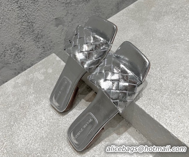 Shop Duplicate Bottega Veneta Parco Square Flat Slides Sandals in Soft Intrecciato Leather Silver 0604015