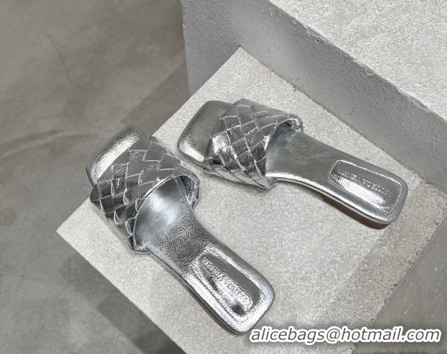 Shop Duplicate Bottega Veneta Parco Square Flat Slides Sandals in Soft Intrecciato Leather Silver 0604015