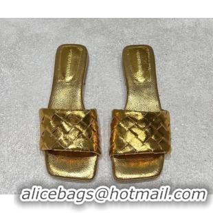 Big Discount Bottega Veneta Parco Square Flat Slides Sandals in Soft Intrecciato Leather Gold 0604016