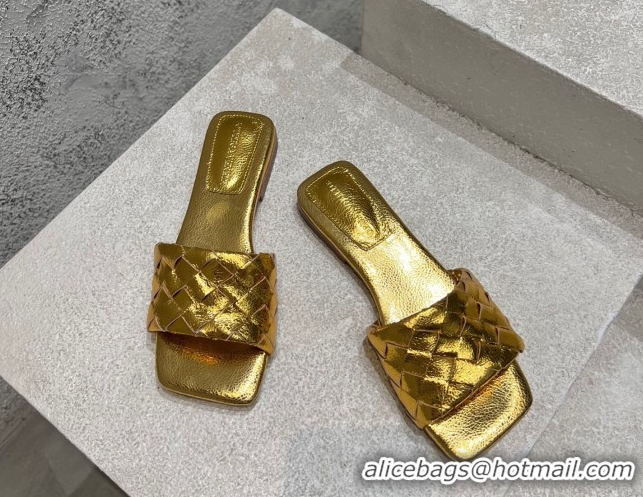Big Discount Bottega Veneta Parco Square Flat Slides Sandals in Soft Intrecciato Leather Gold 0604016