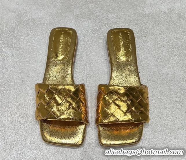Big Discount Bottega Veneta Parco Square Flat Slides Sandals in Soft Intrecciato Leather Gold 0604016