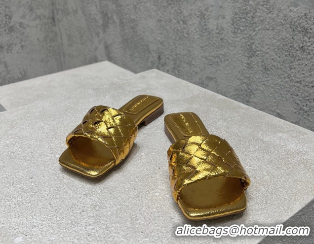 Big Discount Bottega Veneta Parco Square Flat Slides Sandals in Soft Intrecciato Leather Gold 0604016