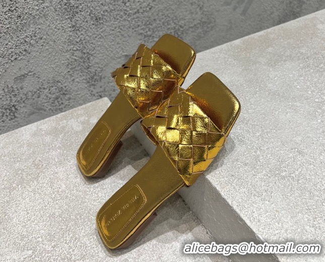 Big Discount Bottega Veneta Parco Square Flat Slides Sandals in Soft Intrecciato Leather Gold 0604016