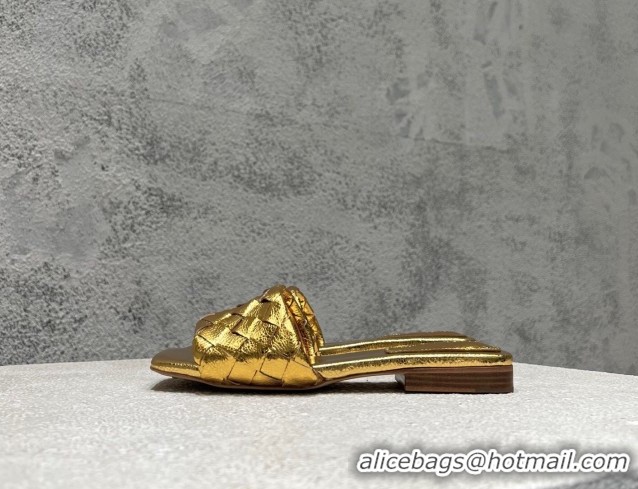Big Discount Bottega Veneta Parco Square Flat Slides Sandals in Soft Intrecciato Leather Gold 0604016