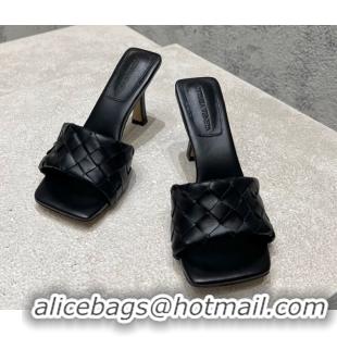 Duplicate Bottega Veneta Parco Square Heel Slides Sandals 9cm in Soft Intrecciato Leather Black 0604017