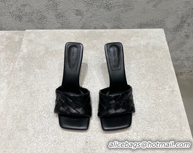 Duplicate Bottega Veneta Parco Square Heel Slides Sandals 9cm in Soft Intrecciato Leather Black 0604017