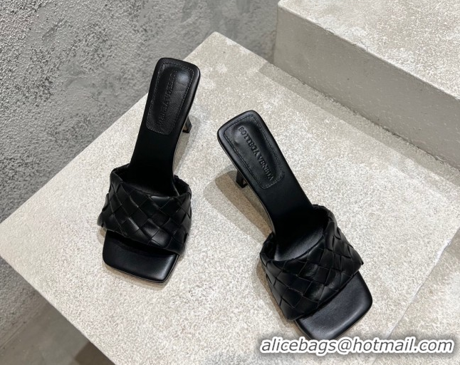 Duplicate Bottega Veneta Parco Square Heel Slides Sandals 9cm in Soft Intrecciato Leather Black 0604017