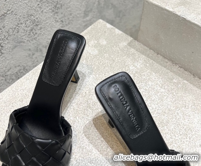 Duplicate Bottega Veneta Parco Square Heel Slides Sandals 9cm in Soft Intrecciato Leather Black 0604017