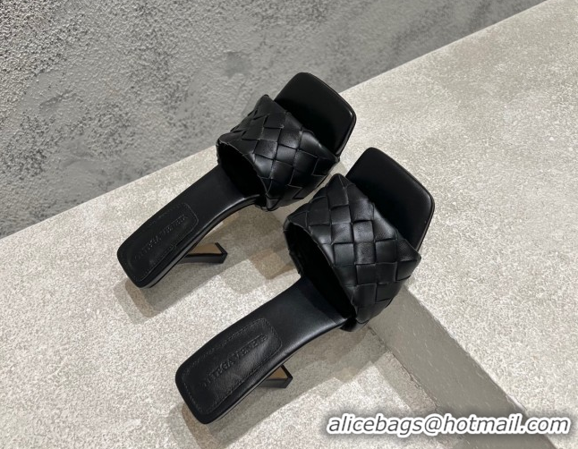 Duplicate Bottega Veneta Parco Square Heel Slides Sandals 9cm in Soft Intrecciato Leather Black 0604017
