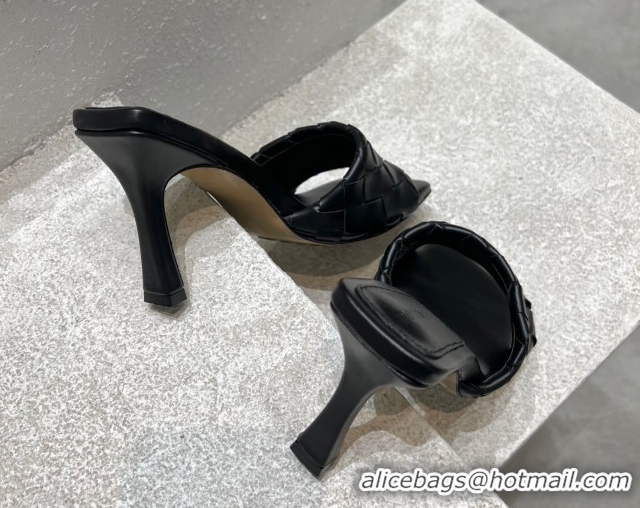Duplicate Bottega Veneta Parco Square Heel Slides Sandals 9cm in Soft Intrecciato Leather Black 0604017