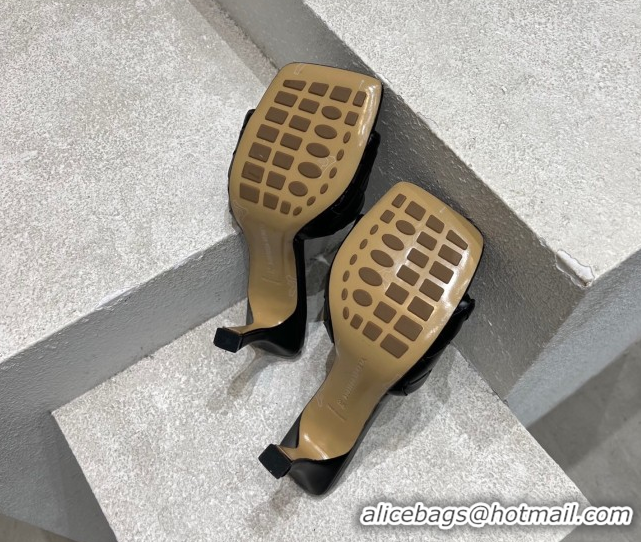 Duplicate Bottega Veneta Parco Square Heel Slides Sandals 9cm in Soft Intrecciato Leather Black 0604017