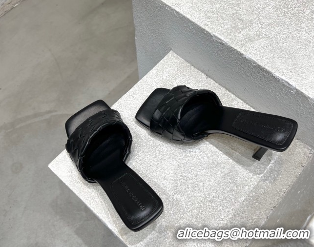 Duplicate Bottega Veneta Parco Square Heel Slides Sandals 9cm in Soft Intrecciato Leather Black 0604017