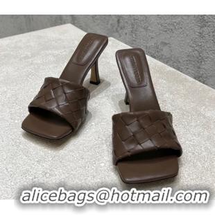 Good Product Bottega Veneta Parco Square Heel Slides Sandals 9cm in Soft Intrecciato Leather Chocolate 837737
