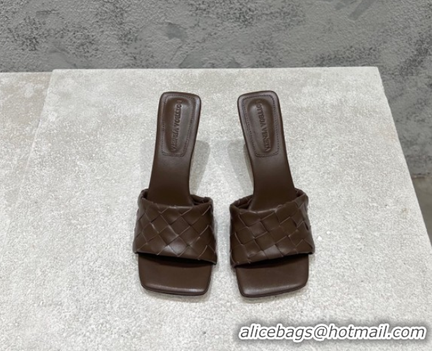 Good Product Bottega Veneta Parco Square Heel Slides Sandals 9cm in Soft Intrecciato Leather Chocolate 837737