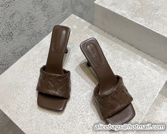 Good Product Bottega Veneta Parco Square Heel Slides Sandals 9cm in Soft Intrecciato Leather Chocolate 837737