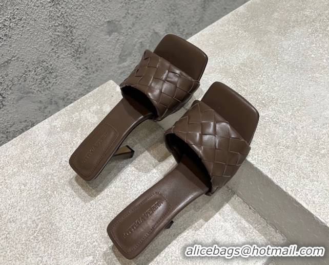 Good Product Bottega Veneta Parco Square Heel Slides Sandals 9cm in Soft Intrecciato Leather Chocolate 837737