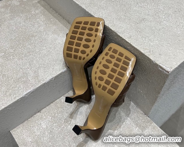 Good Product Bottega Veneta Parco Square Heel Slides Sandals 9cm in Soft Intrecciato Leather Chocolate 837737