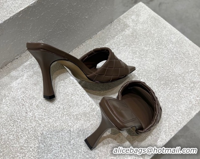 Good Product Bottega Veneta Parco Square Heel Slides Sandals 9cm in Soft Intrecciato Leather Chocolate 837737