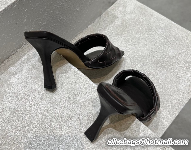 Charming Bottega Veneta Parco Square Heel Slides Sandals 9cm in Soft Intrecciato Leather Fondant Brown 837737