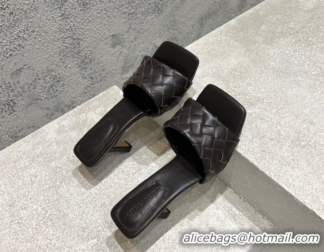 Charming Bottega Veneta Parco Square Heel Slides Sandals 9cm in Soft Intrecciato Leather Fondant Brown 837737