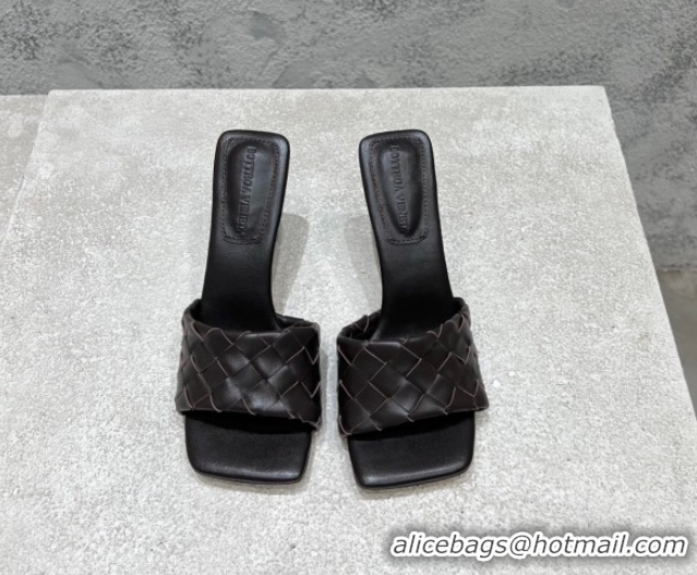Charming Bottega Veneta Parco Square Heel Slides Sandals 9cm in Soft Intrecciato Leather Fondant Brown 837737